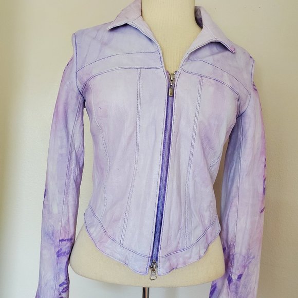 white purple pink Leather Motorcycle biker bomber Jacket tie dyed 2 4 6 XS small - Picture 2 of 10